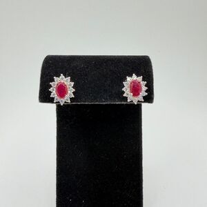 NWOT 5x7mm oval cut RUBIES w/ halo of cz diamond stud earrings in 925!